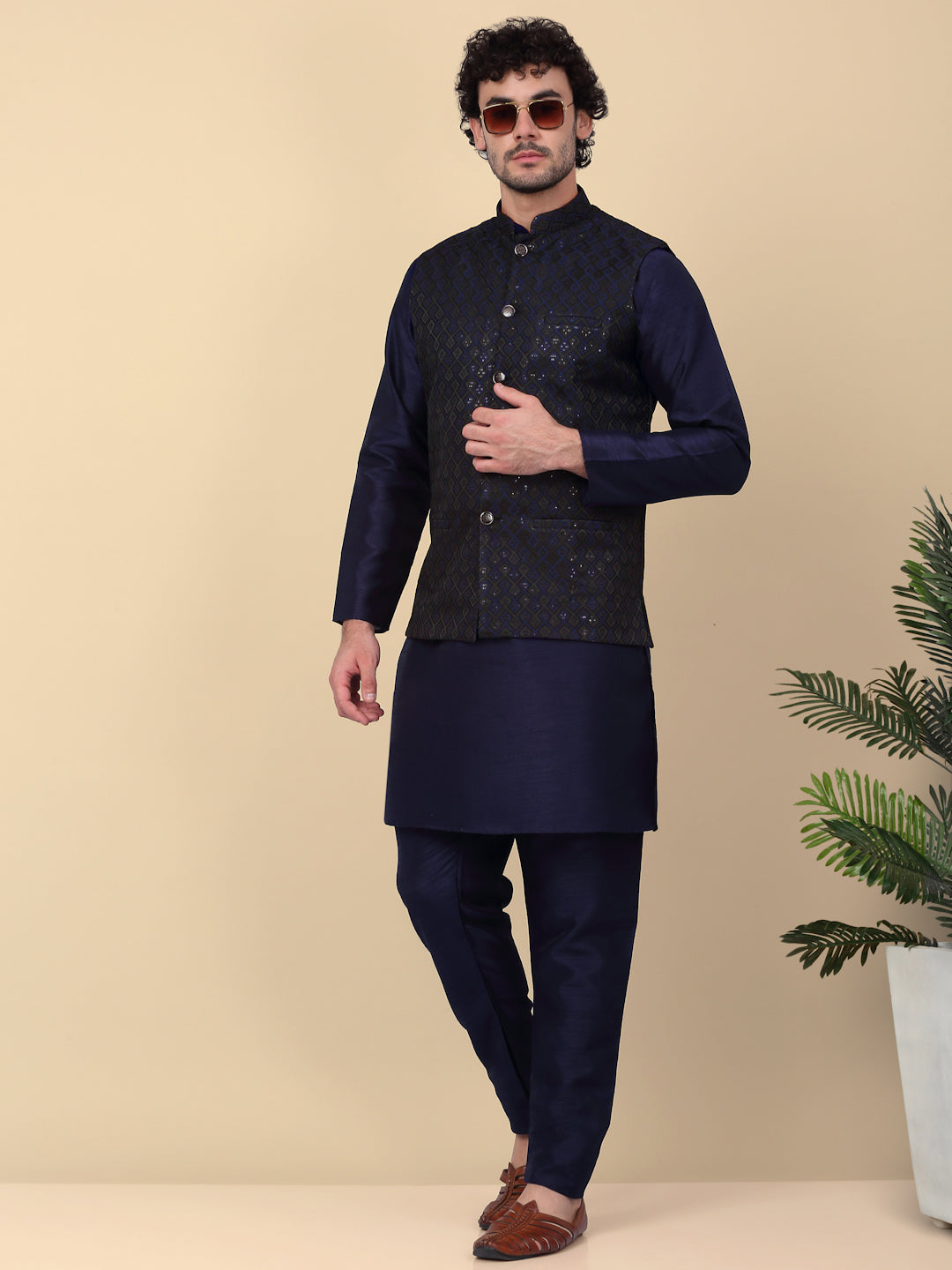 KRAFT INDIA Men's Silk Blend Solid Knee Length Kurta Churidar With Jacquard Embroidered Sequins Nehru Jacket Set
