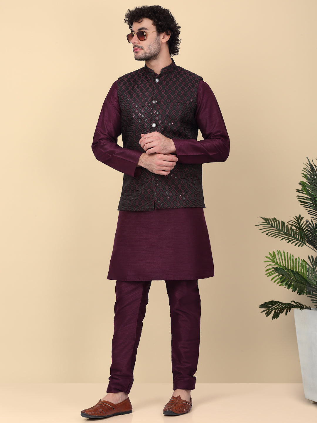 KRAFT INDIA Men's Silk Blend Solid Knee Length Kurta Churidar With Jacquard Embroidered Sequins Nehru Jacket Set