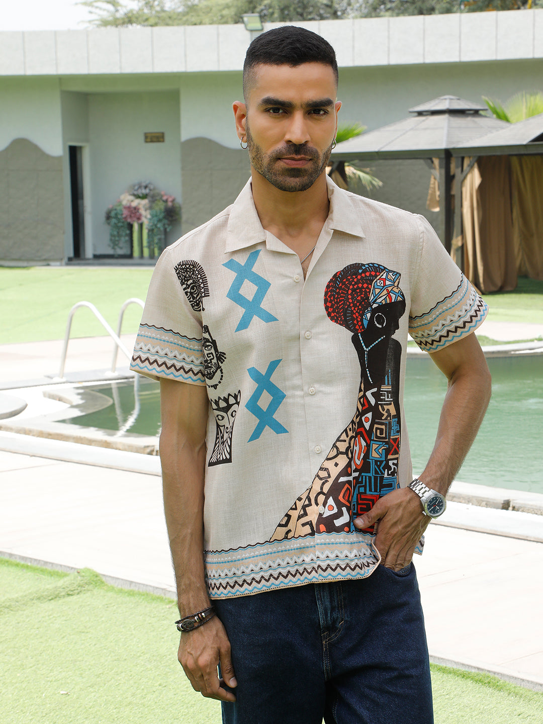 Men's Viscose Rayon Cuban Collar Tribal printed Casual Shirt
