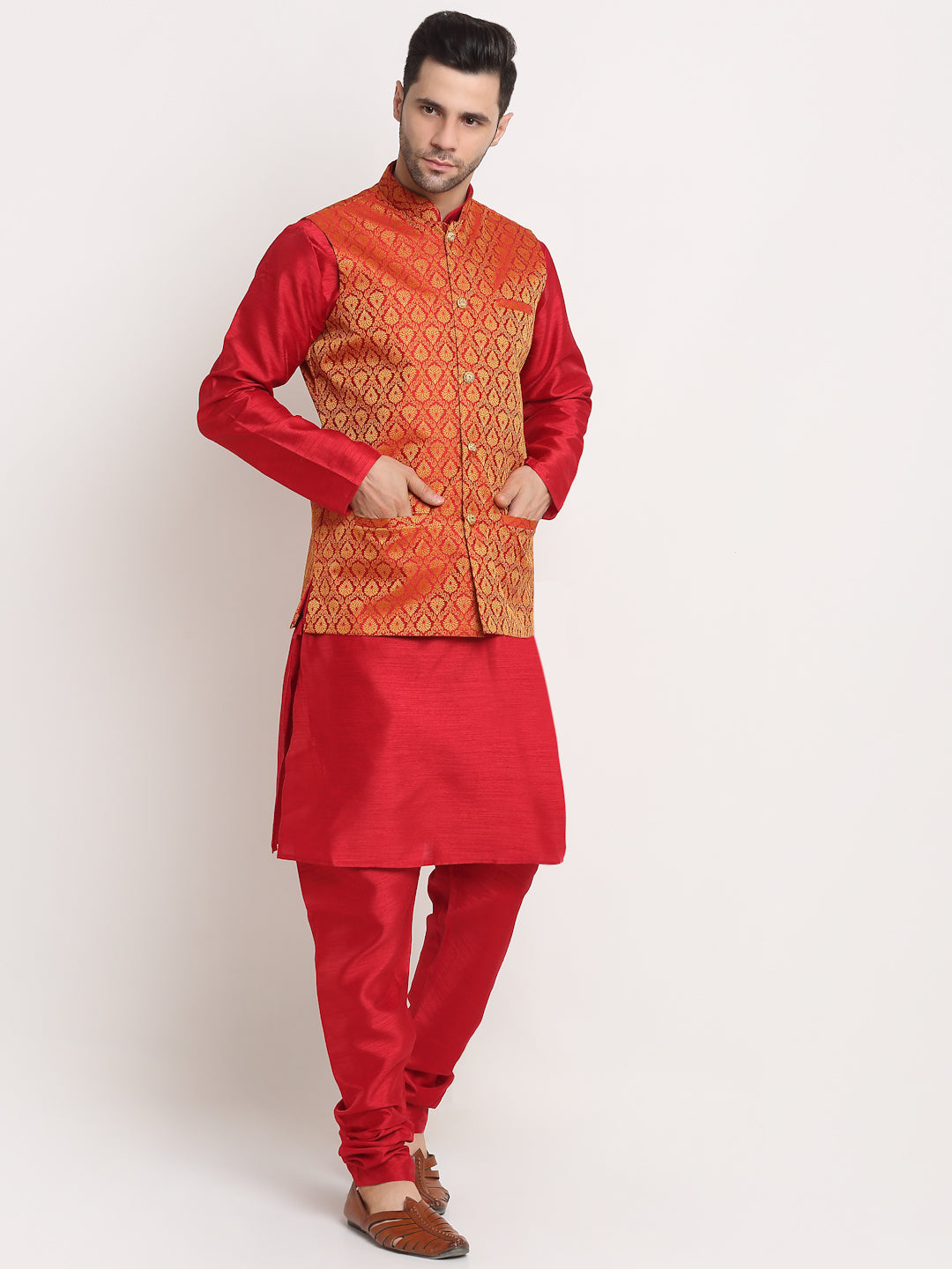 KRAFT INDIA Mens Maroon Silk Blend Kurta and churidar with Paisley Red Nehru jacket