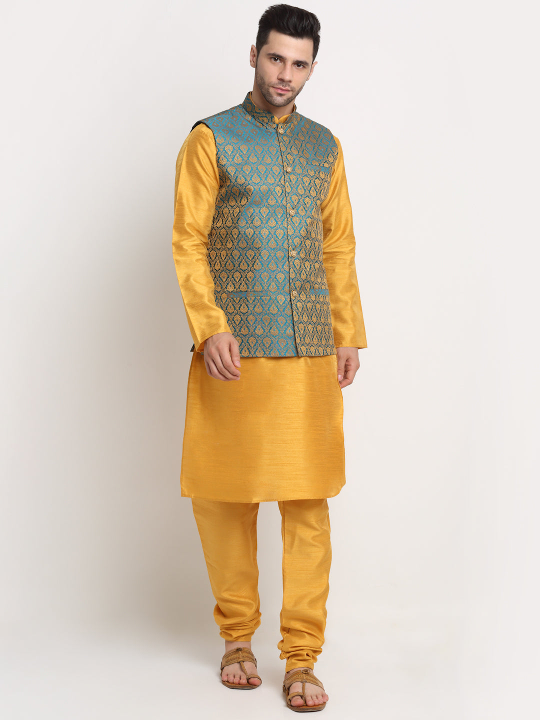 KRAFT INDIA Mens Mustard Silk Blend Kurta and churidar with Paisley Nehru jacket