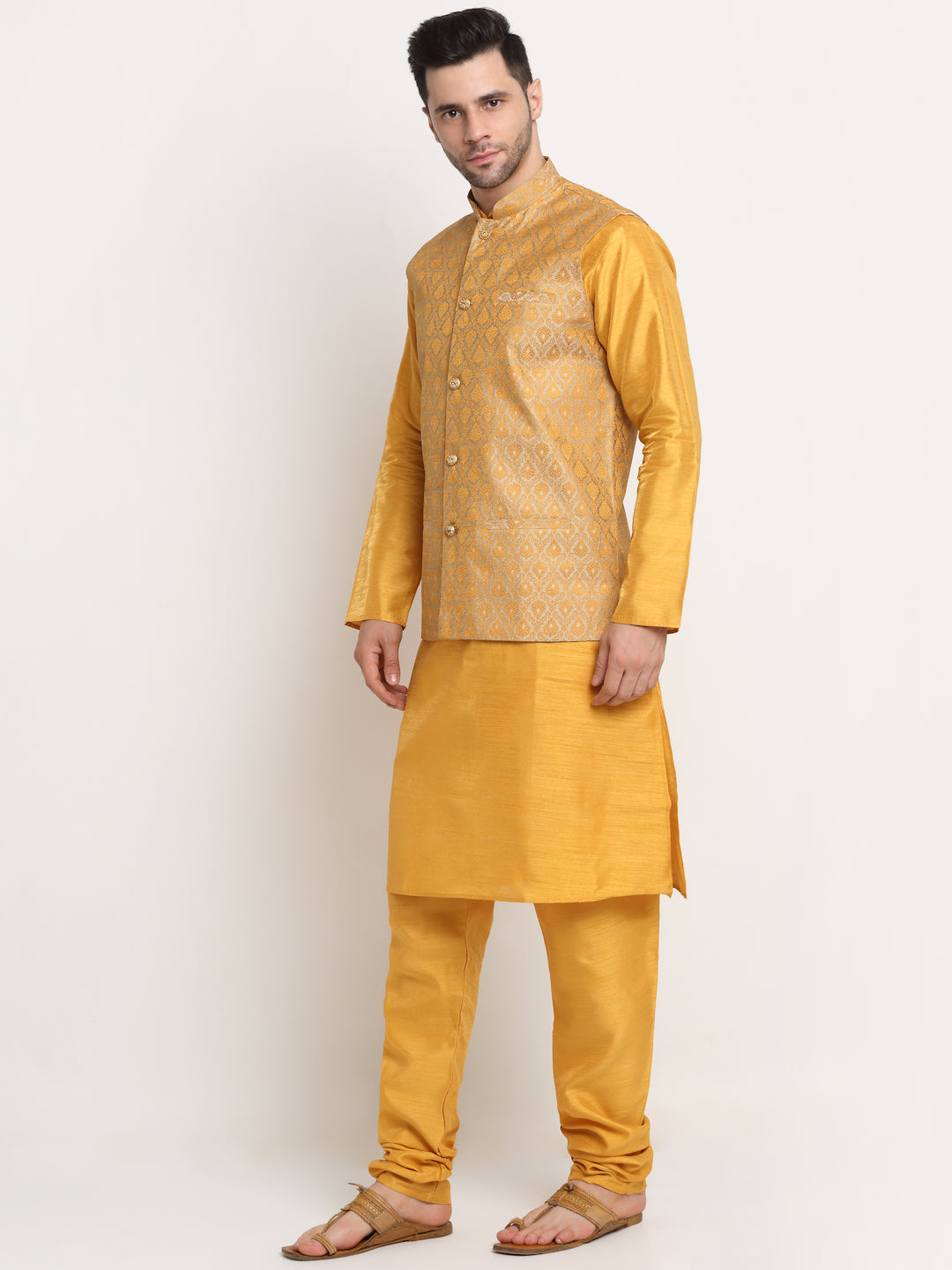 KRAFT INDIA Mens Mustard Silk Blend Kurta and churidar with Paisley Nehru jacket