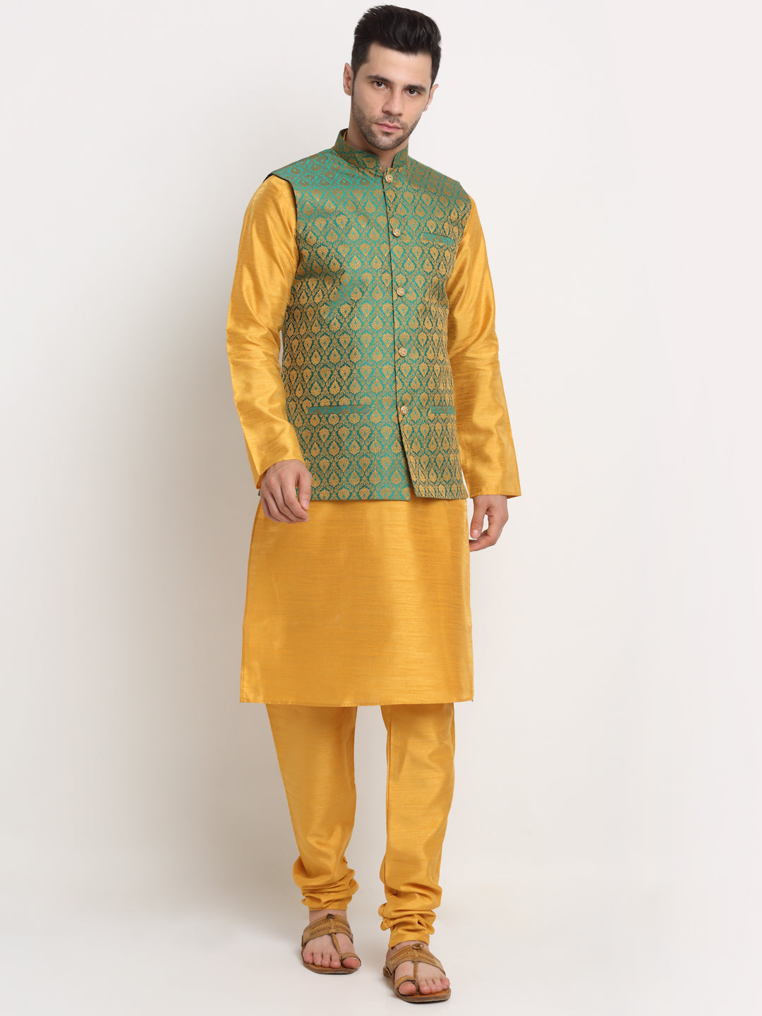 KRAFT INDIA Mens Mustard Silk Blend Kurta and churidar with Paisley Nehru jacket