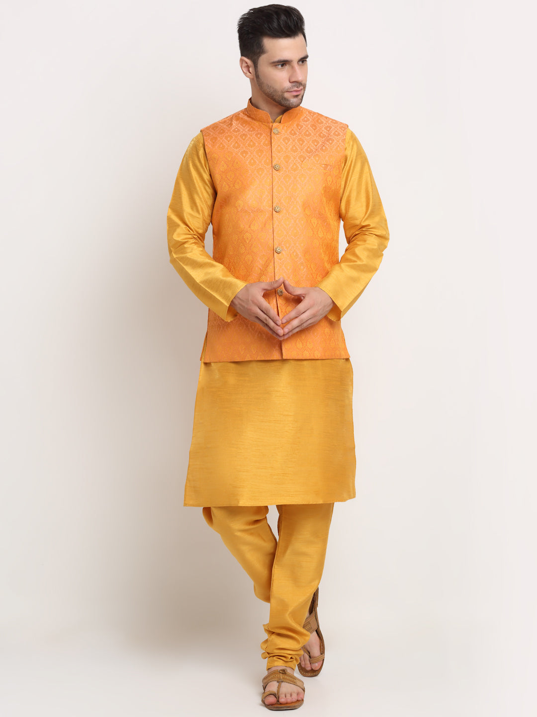 KRAFT INDIA Mens Mustard Silk Blend Kurta and churidar with Paisley Nehru jacket