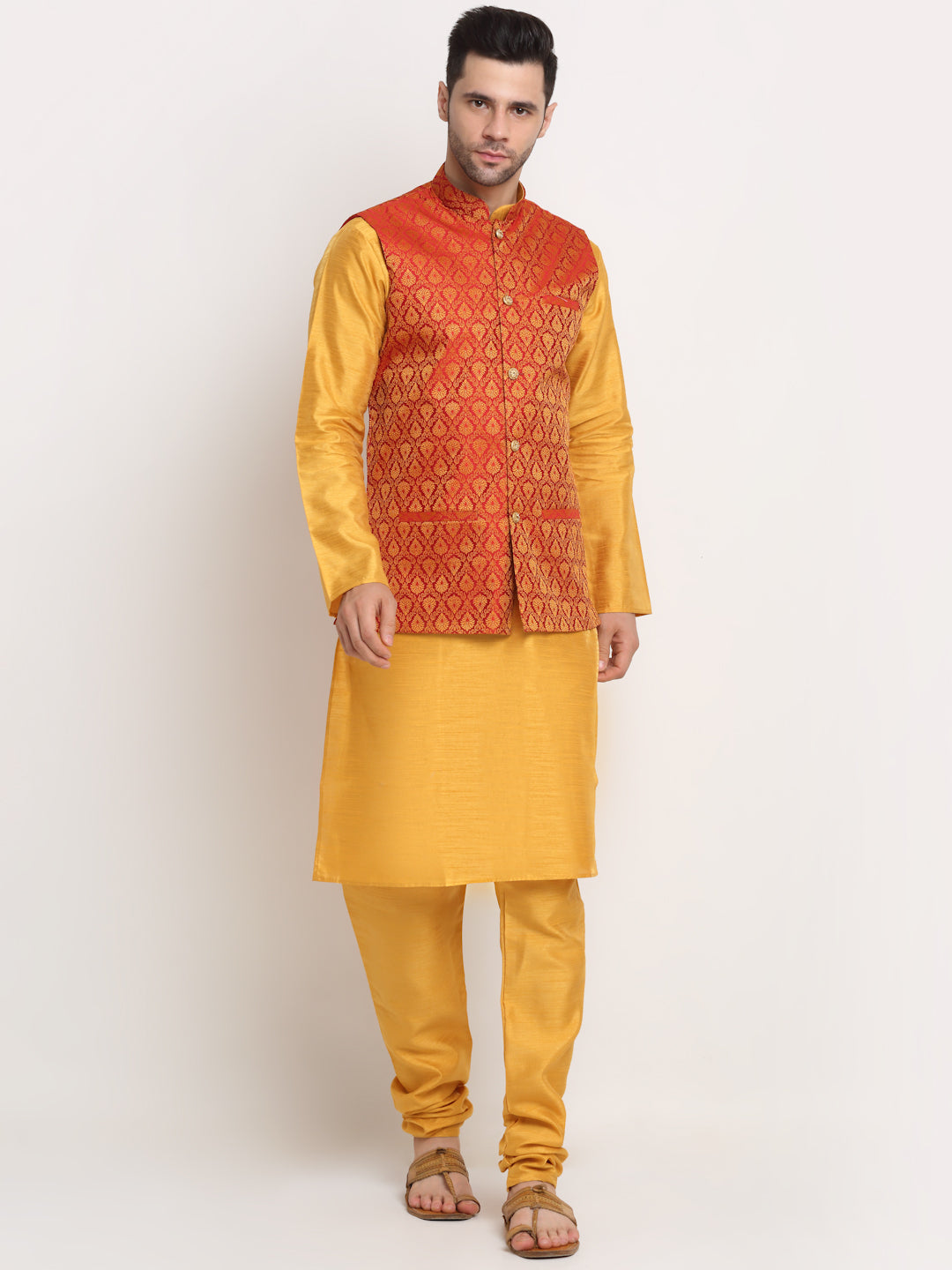KRAFT INDIA Mens Mustard Silk Blend Kurta and churidar with Paisley Nehru jacket