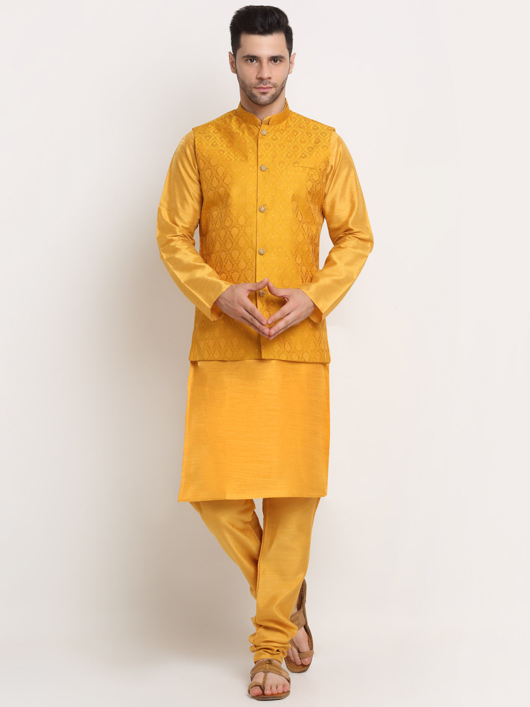 KRAFT INDIA Mens Mustard Silk Blend Kurta and churidar with Paisley Nehru jacket
