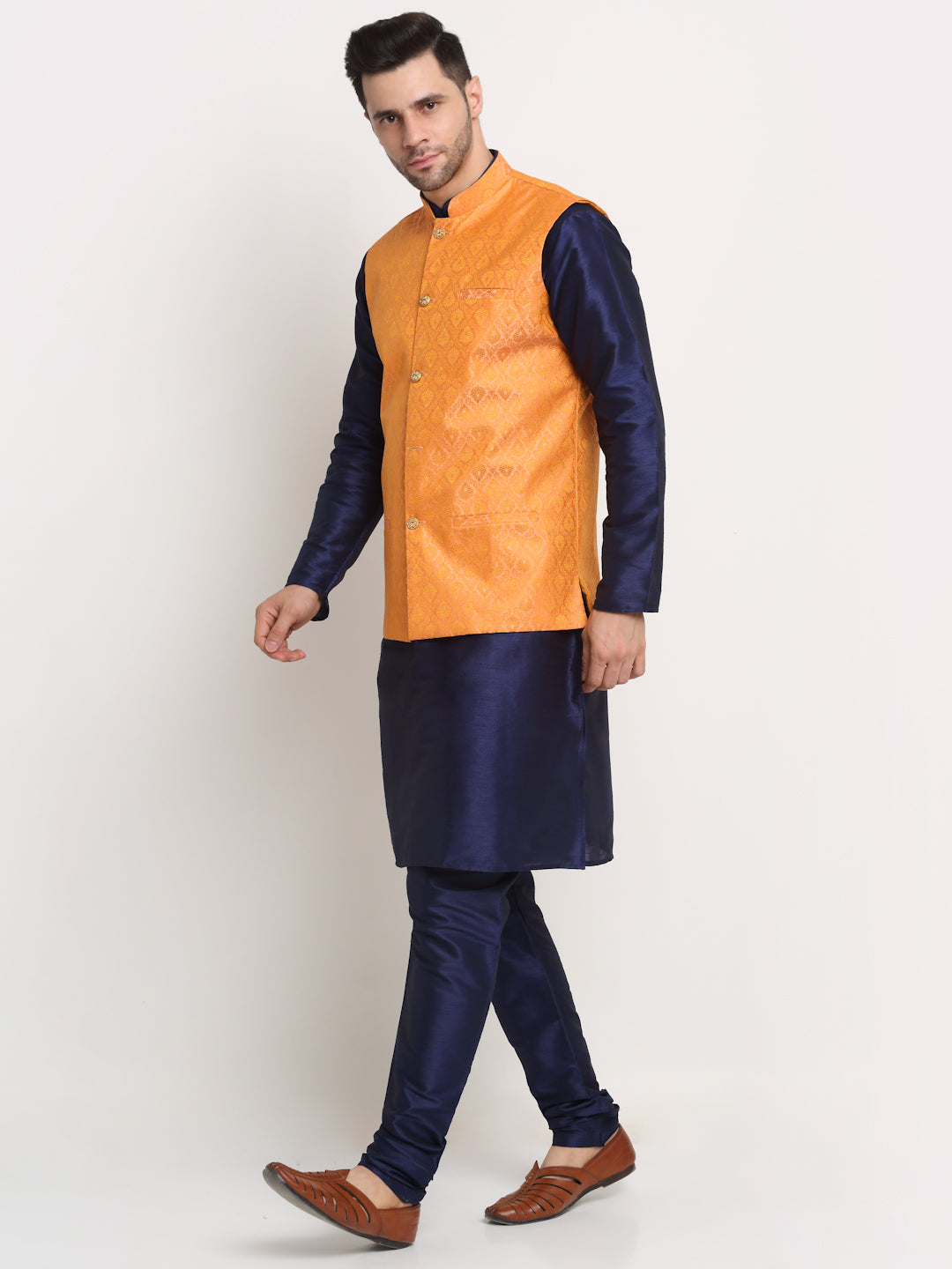 KRAFT INDIA Mens Navy Blue Silk Blend Kurta and churidar with Paisley Nehru jacket