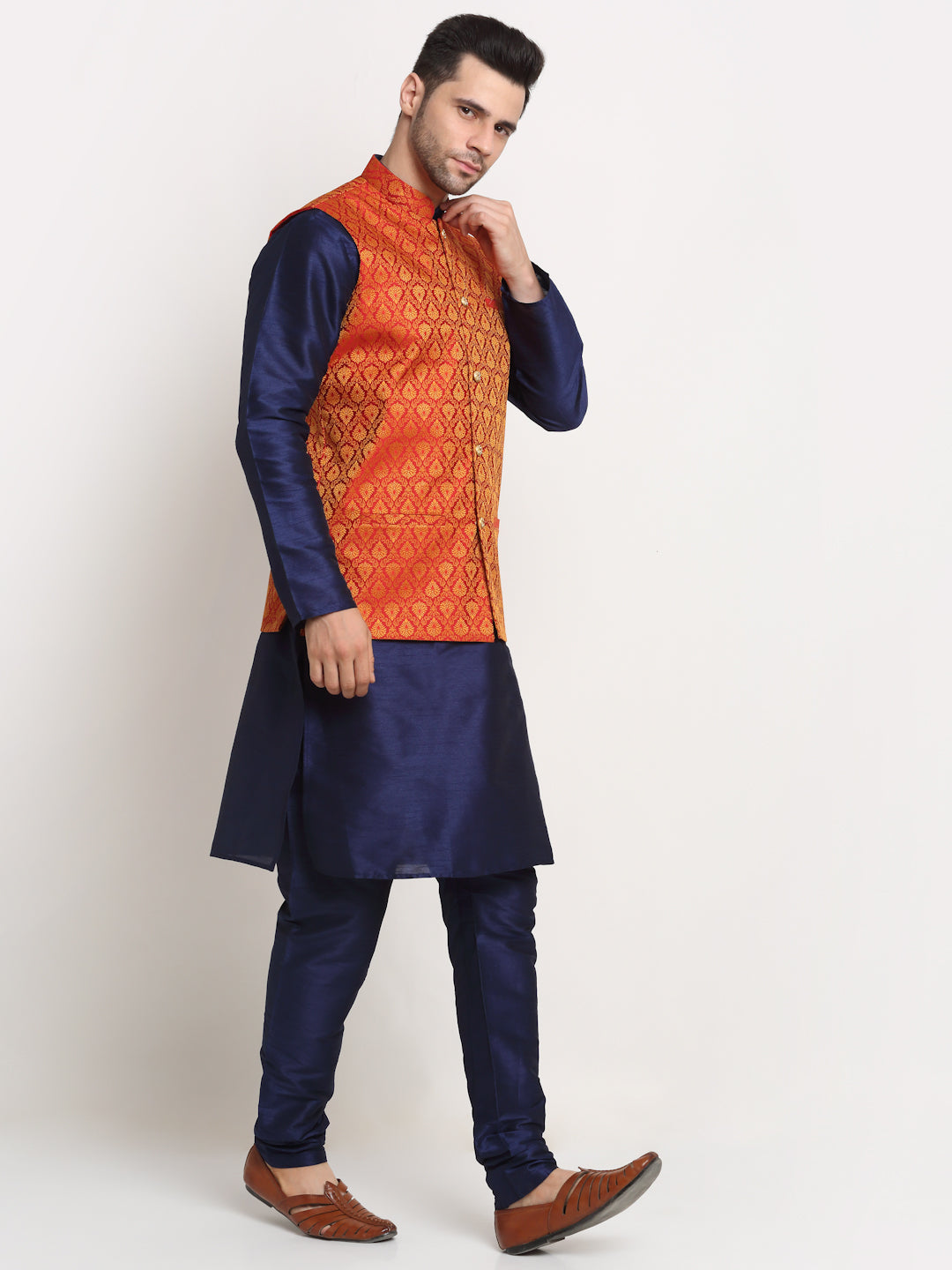KRAFT INDIA Mens Navy Blue Silk Blend Kurta and churidar with Paisley Nehru jacket