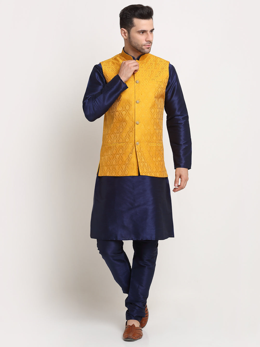 KRAFT INDIA Mens Navy Blue Silk Blend Kurta and churidar with Paisley Nehru jacket