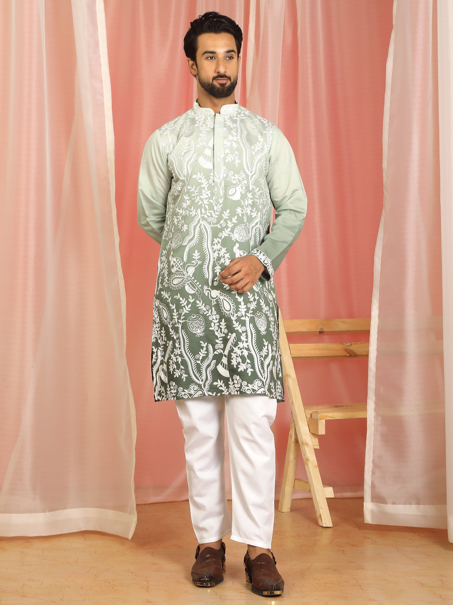 Men's Ombre Embroidered Cotton Silk Straight Kurta with Trouser Set - Mehndi
