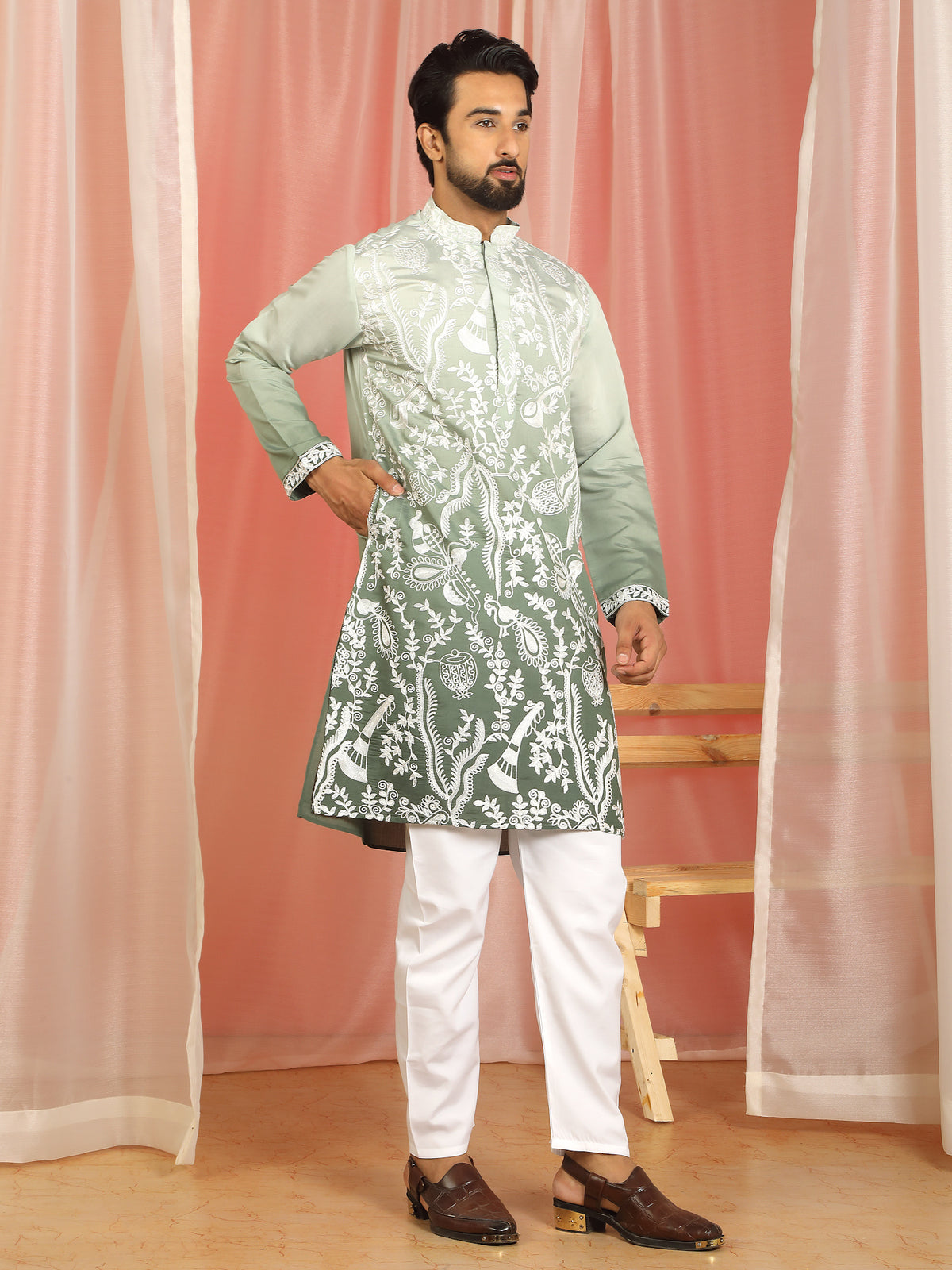 Men's Ombre Embroidered Cotton Silk Straight Kurta with Trouser Set - Mehndi