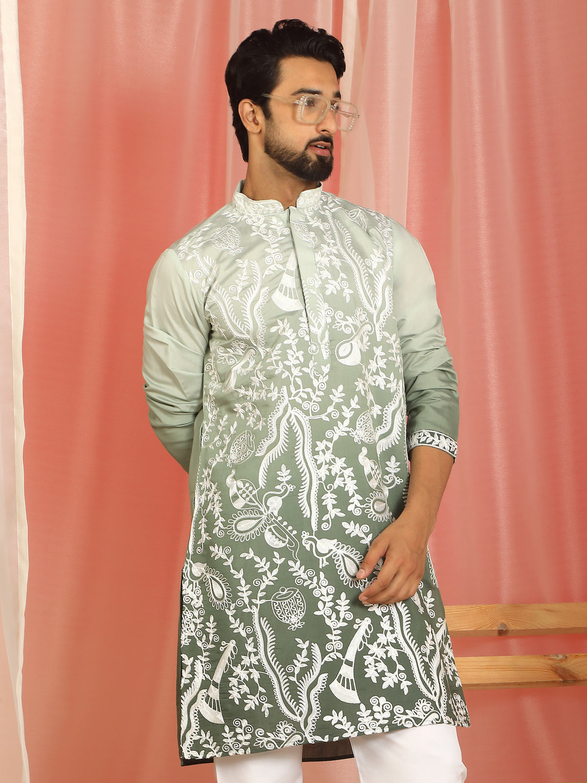 Men's Ombre Embroidered Cotton Silk Straight Kurta with Trouser Set - Mehndi
