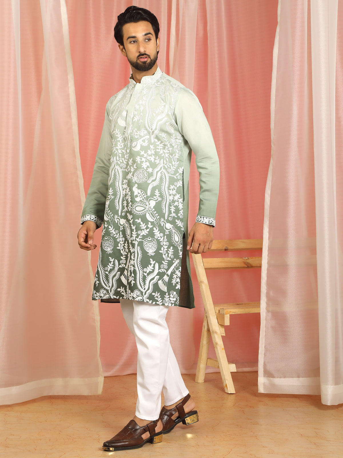 Men Ombre Embroidered Cotton Silk Kurta - Olive Green