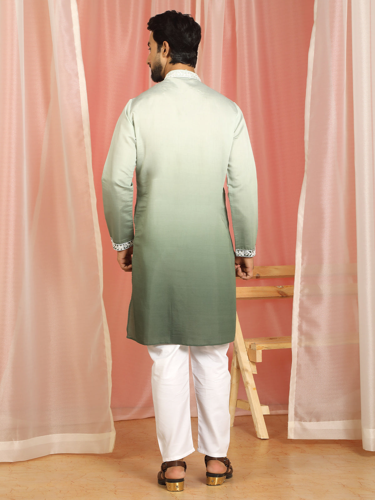 Men Ombre Embroidered Cotton Silk Kurta - Olive Green