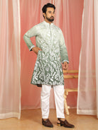 Men Ombre Embroidered Cotton Silk Kurta - Olive Green
