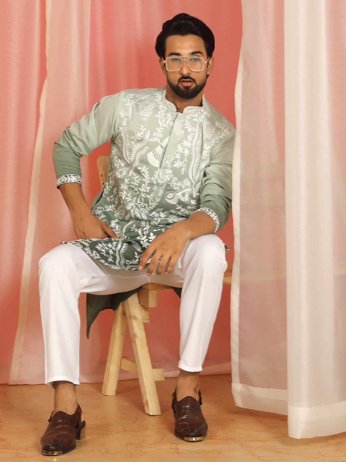 Men Ombre Embroidered Cotton Silk Kurta - Olive Green