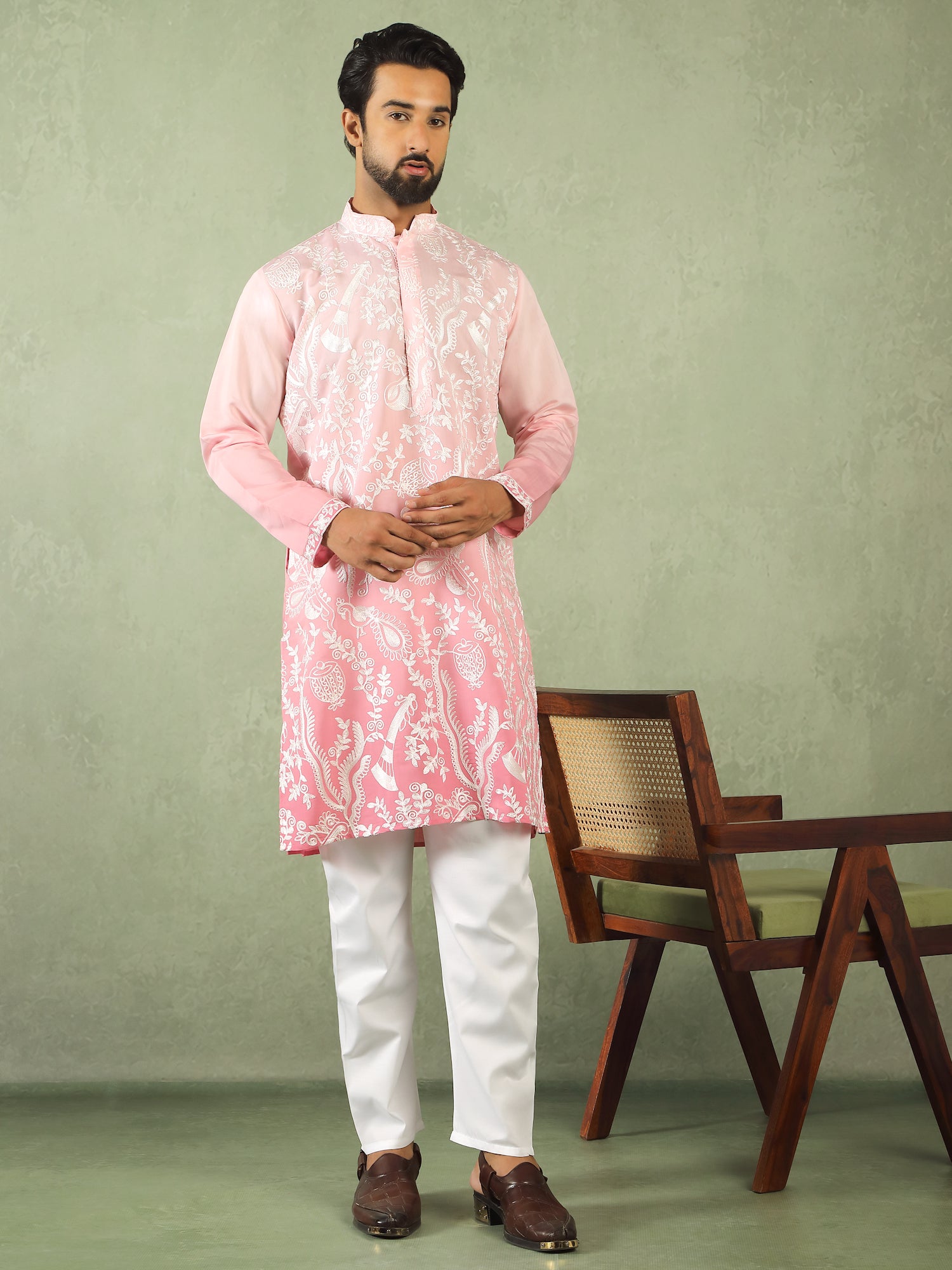 Men's Ombre Embroidered Cotton Silk Straight Kurta with Trouser Set - Pink