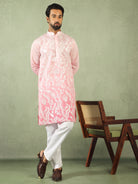 Men's Ombre Embroidered Cotton Silk Straight Kurta with Trouser Set - Pink