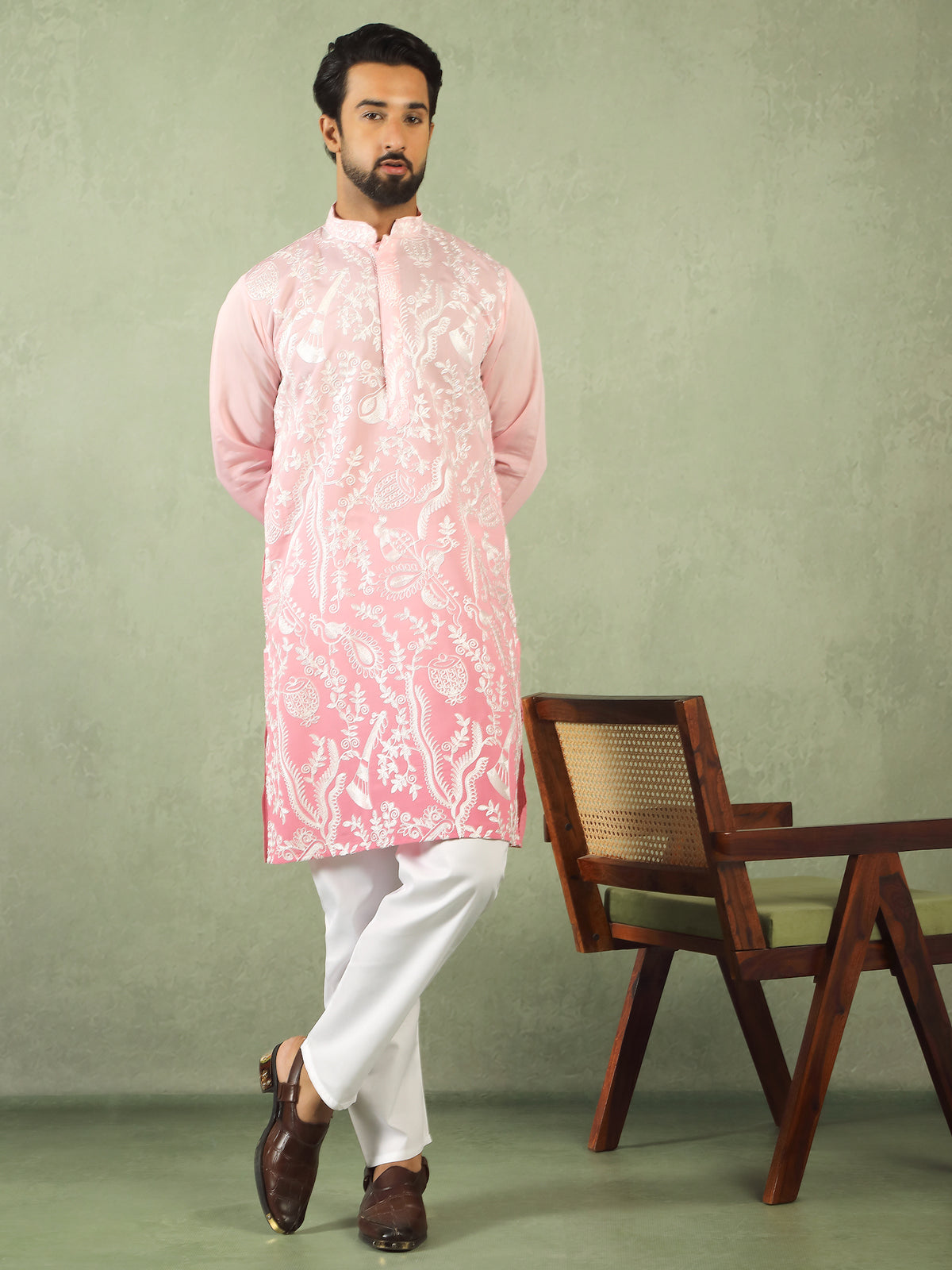 Men's Ombre Embroidered Cotton Silk Straight Kurta with Trouser Set - Pink