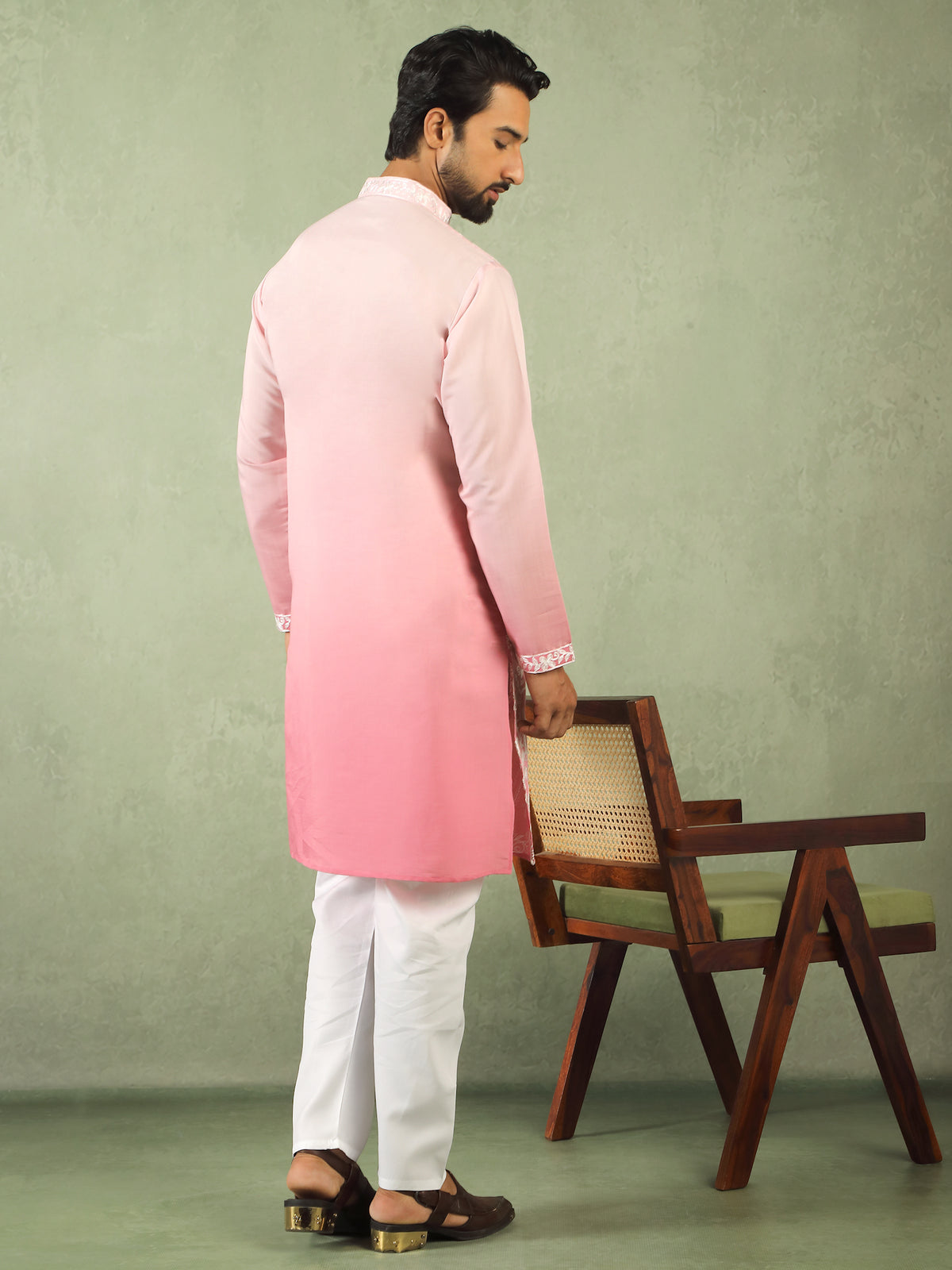 Men's Ombre Embroidered Cotton Silk Straight Kurta with Trouser Set - Pink