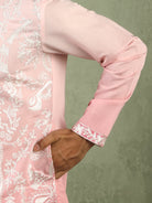 Men's Ombre Embroidered Cotton Silk Straight Kurta with Trouser Set - Pink
