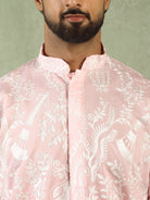 Men's Ombre Embroidered Cotton Silk Straight Kurta with Trouser Set - Pink