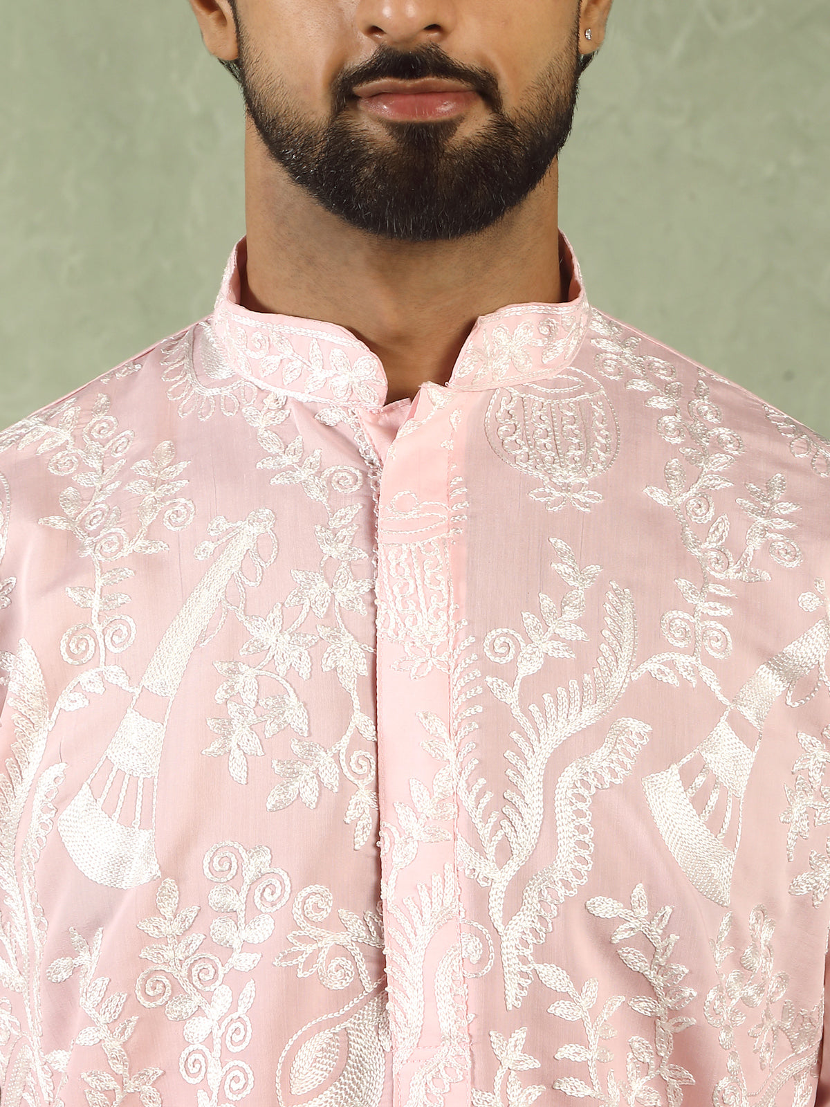Men's Ombre Embroidered Cotton Silk Straight Kurta with Trouser Set - Pink