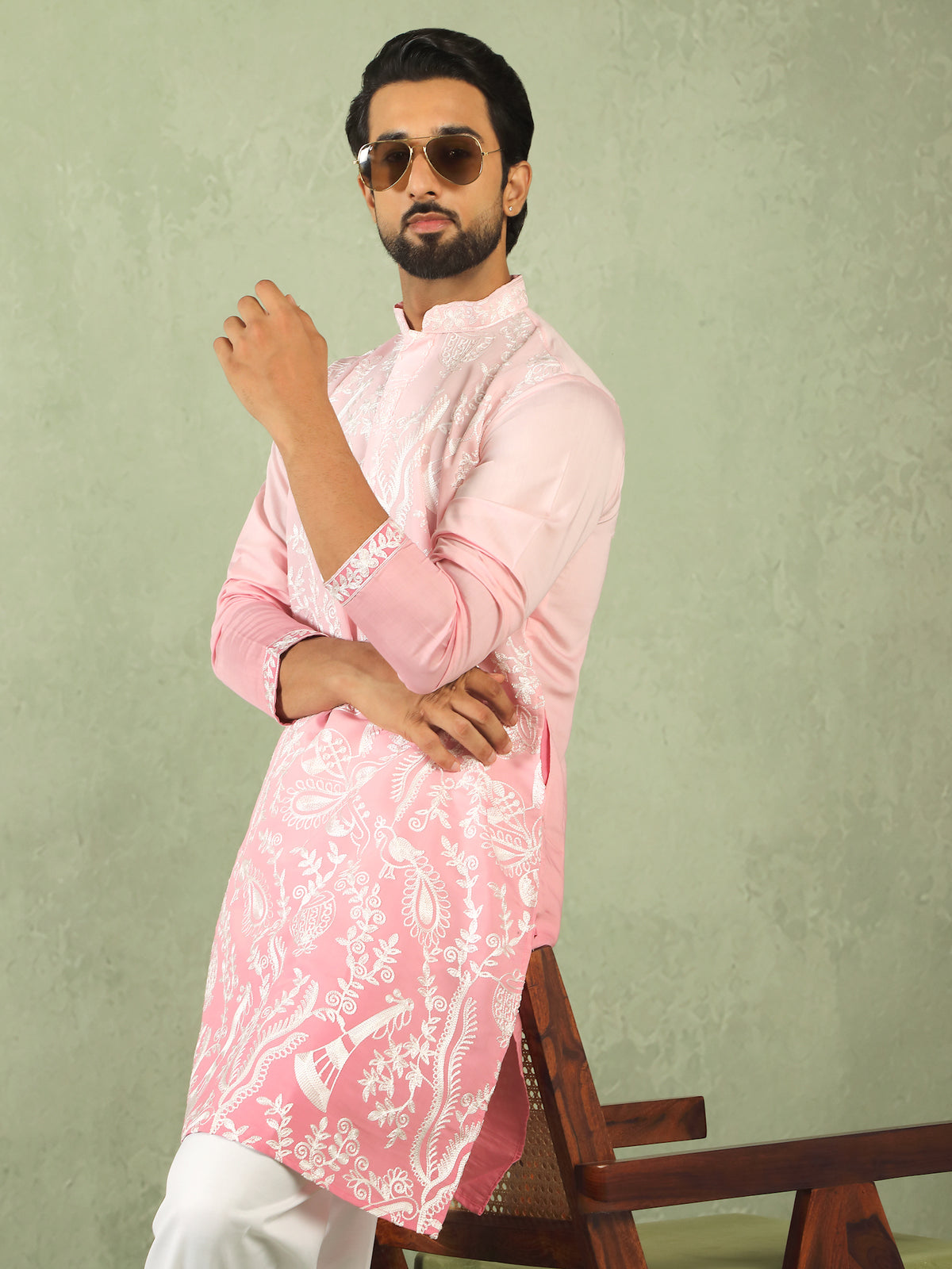 Men's Ombre Embroidered Cotton Silk Straight Kurta with Trouser Set - Pink
