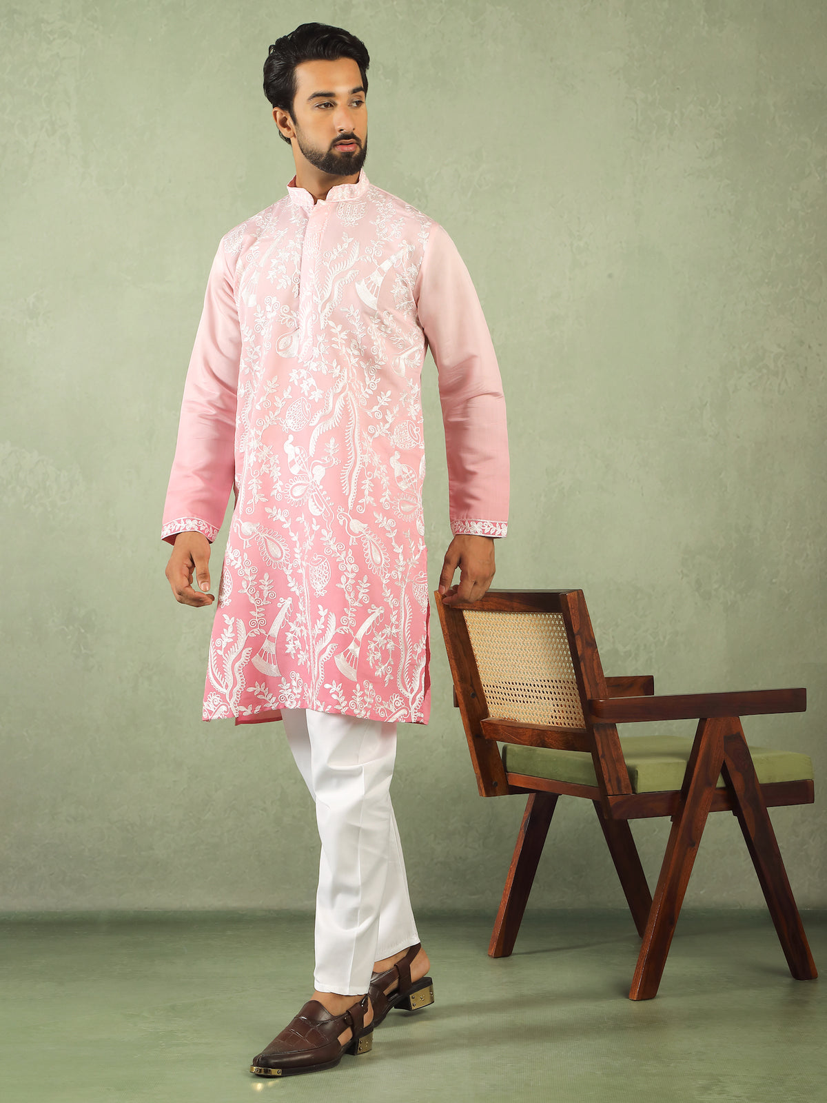 Men Ombre Embroidered Cotton Silk Kurta - Pink
