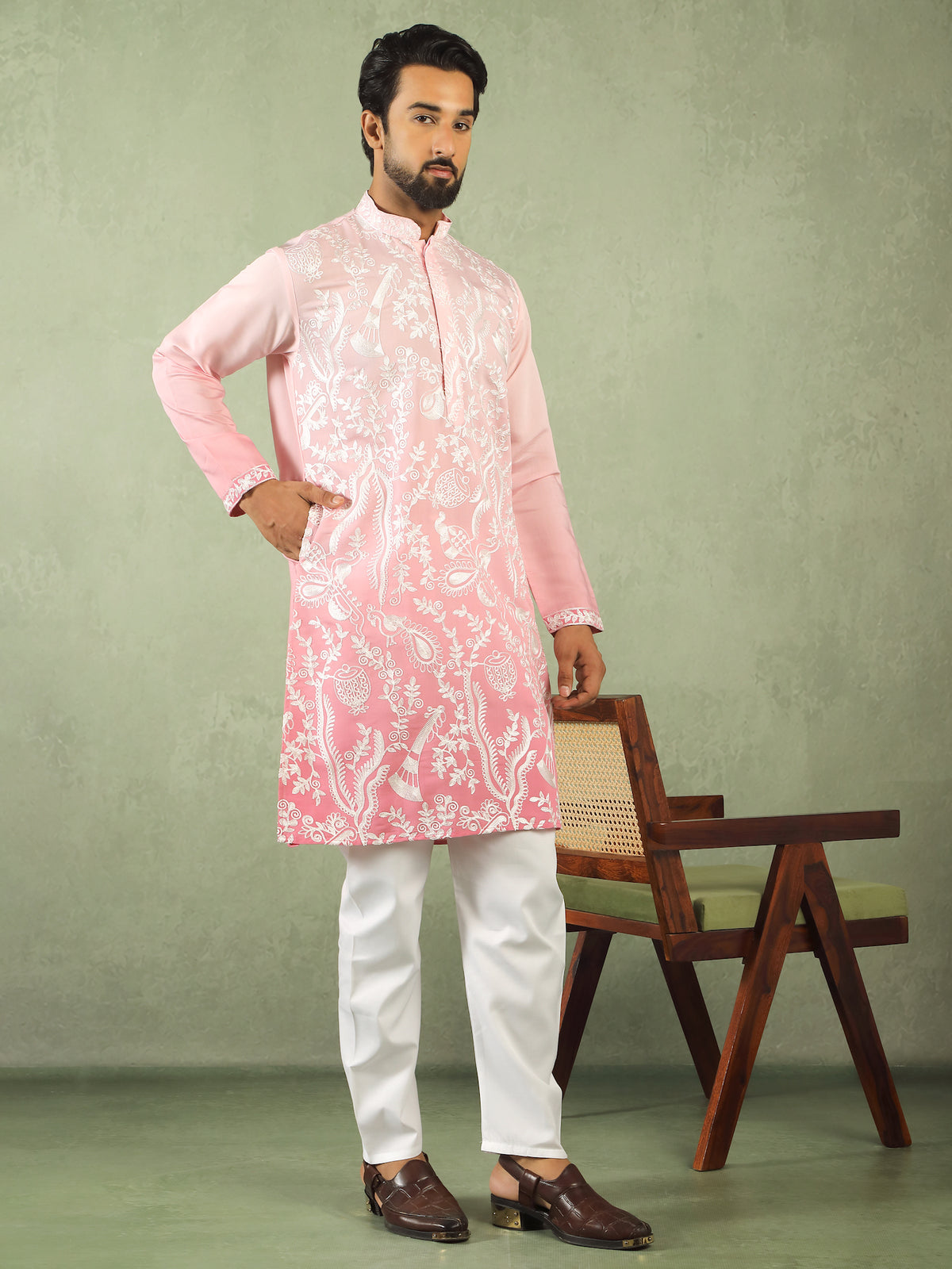 Men Ombre Embroidered Cotton Silk Kurta - Pink