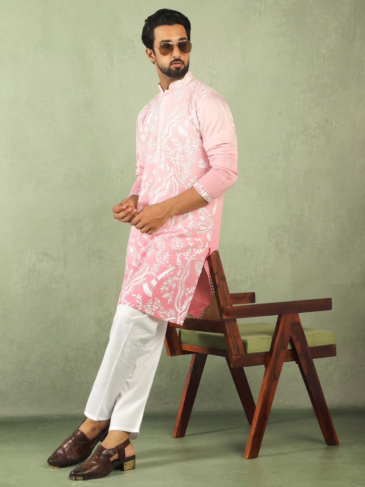 Men Ombre Embroidered Cotton Silk Kurta - Pink