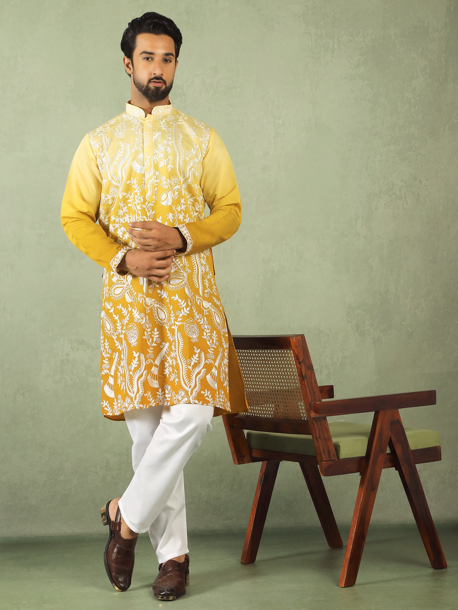 Men's Ombre Embroidered Cotton Silk Straight Kurta with Trouser Set - Yellow