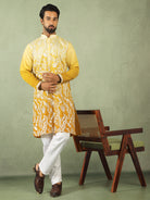 Men's Ombre Embroidered Cotton Silk Straight Kurta with Trouser Set - Yellow