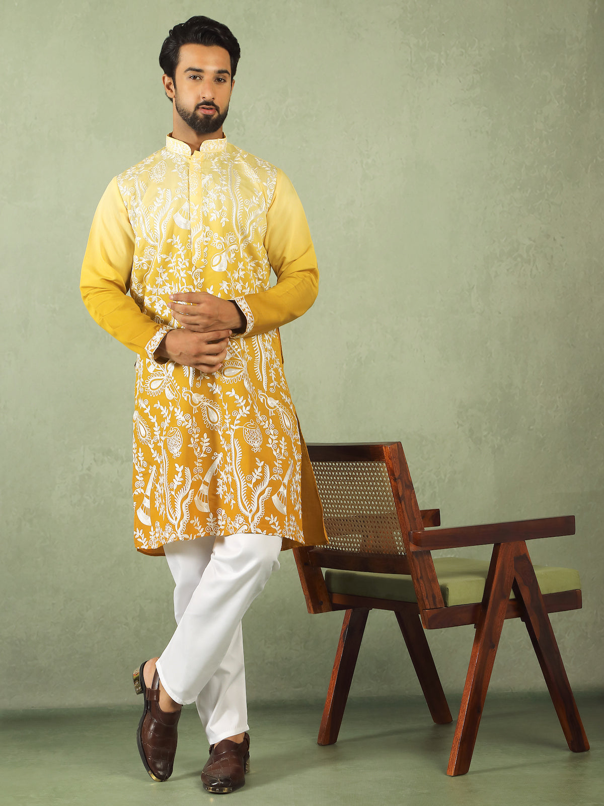 Men's Ombre Embroidered Cotton Silk Straight Kurta with Trouser Set - Yellow