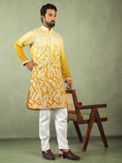 Men's Ombre Embroidered Cotton Silk Straight Kurta with Trouser Set - Yellow
