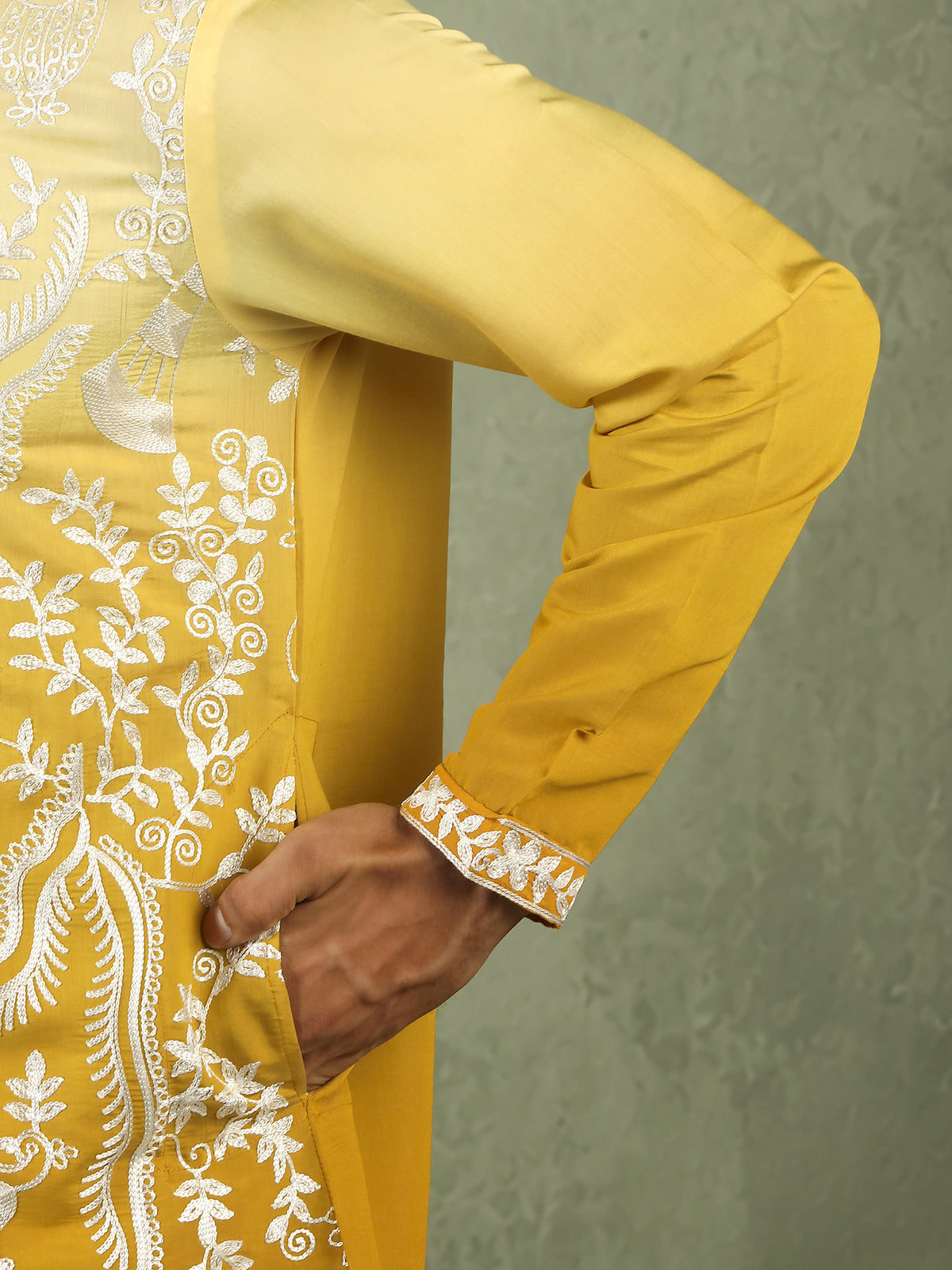 Men's Ombre Embroidered Cotton Silk Straight Kurta with Trouser Set - Yellow