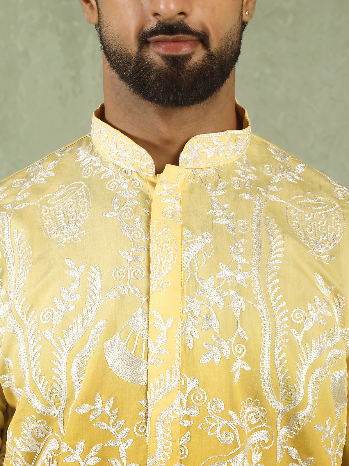 Men's Ombre Embroidered Cotton Silk Straight Kurta with Trouser Set - Yellow