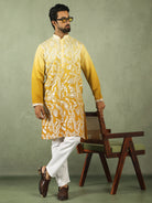Men's Ombre Embroidered Cotton Silk Straight Kurta with Trouser Set - Yellow