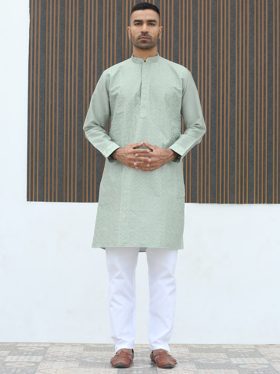 Silk Blend Geometric Embroidered Mandarin Collar Sequinned work Kurta with Elastic Waistband White Pyjama