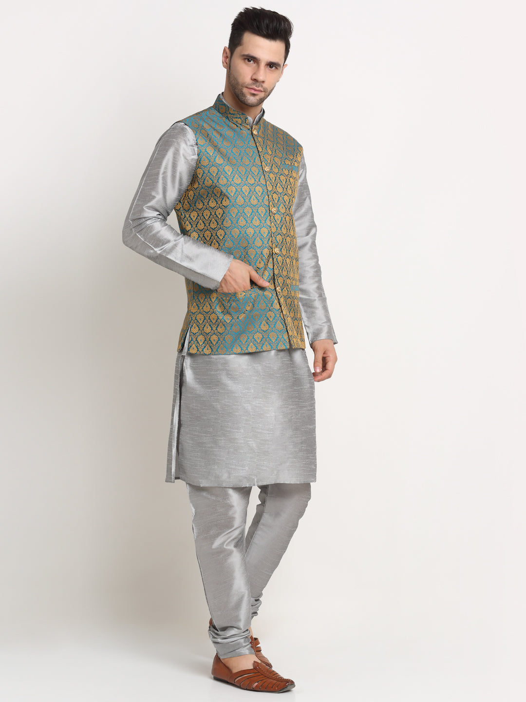 KRAFT INDIA Mens Grey Silk Blend Kurta and churidar with Paisley Nehru jacket