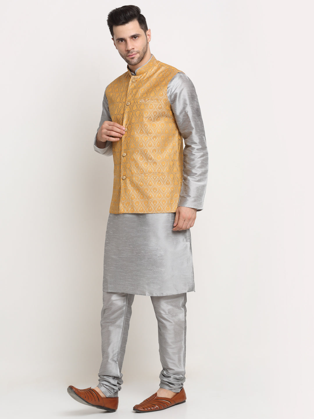 KRAFT INDIA Mens Grey Silk Blend Kurta and churidar with Paisley Nehru jacket