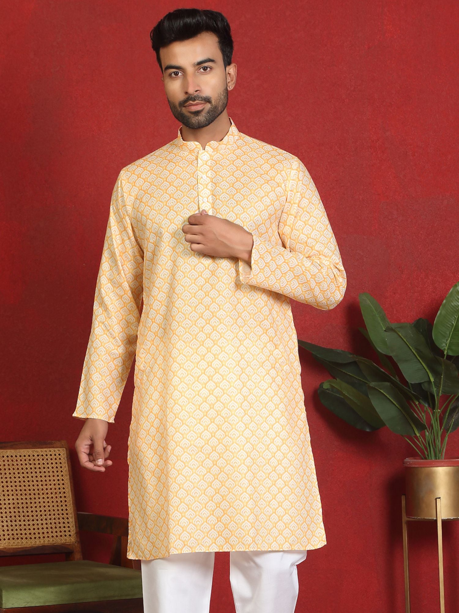 Men's Geometric Print Cotton Blend Kurta