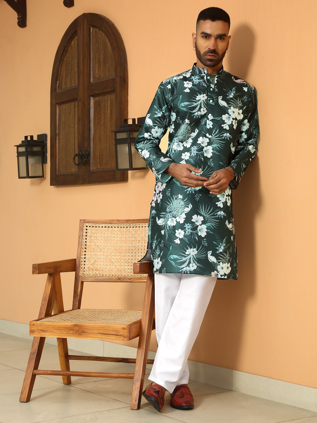 Silk Blend Floral Print Kurta with white Elastic waistband Pyjama set
