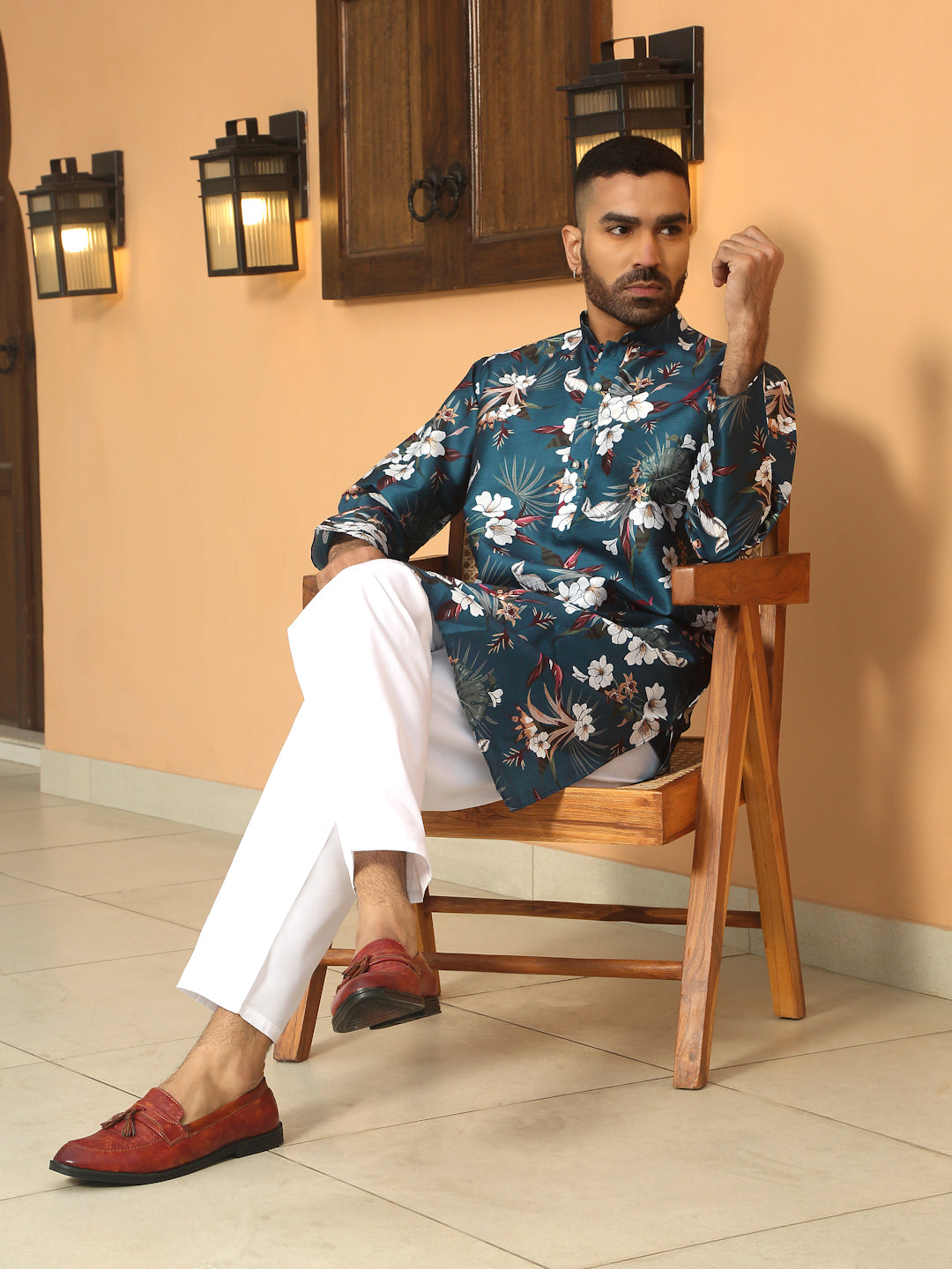 Silk Blend Floral Print Kurta with white Elastic waistband Pyjama set