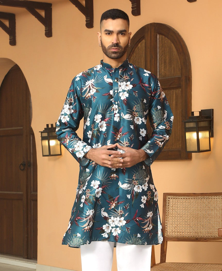 Silk Blend Floral Printed Kurta