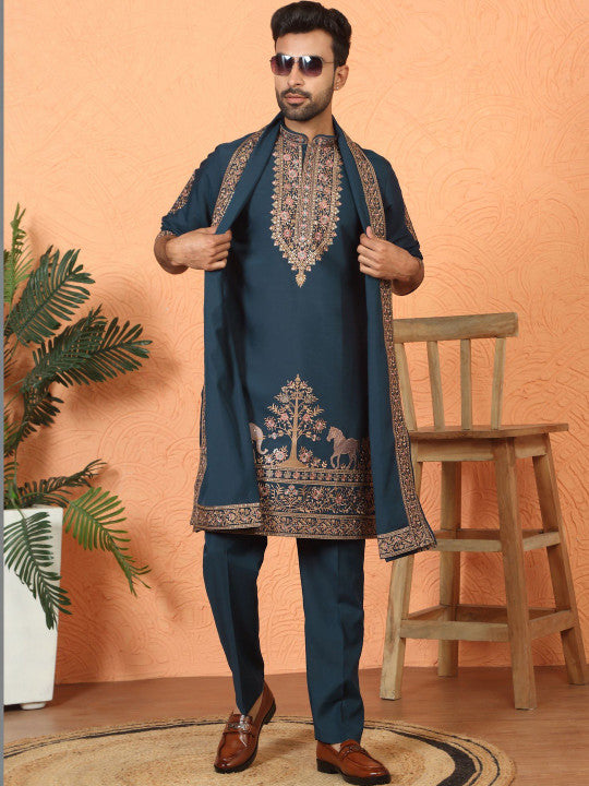 LUXE - Men Ethnic Motifs Embroidered Regular Thread Work Kurta with Trousers & With Dupatta