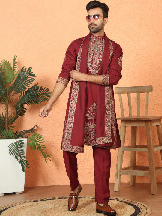 LUXE - Men Ethnic Motifs Embroidered Regular Thread Work Kurta with Trousers & With Dupatta