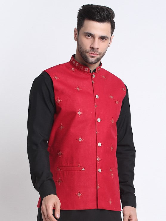 Men's Cotton Embroidered Sequence Nehru Jacket Only